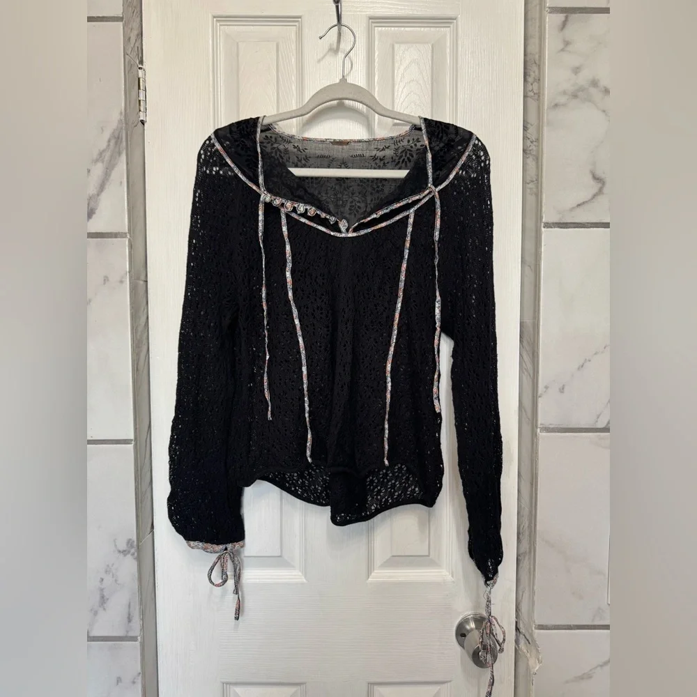 Free People Black Lace Long Sleeve Women’s Top Boho Festival